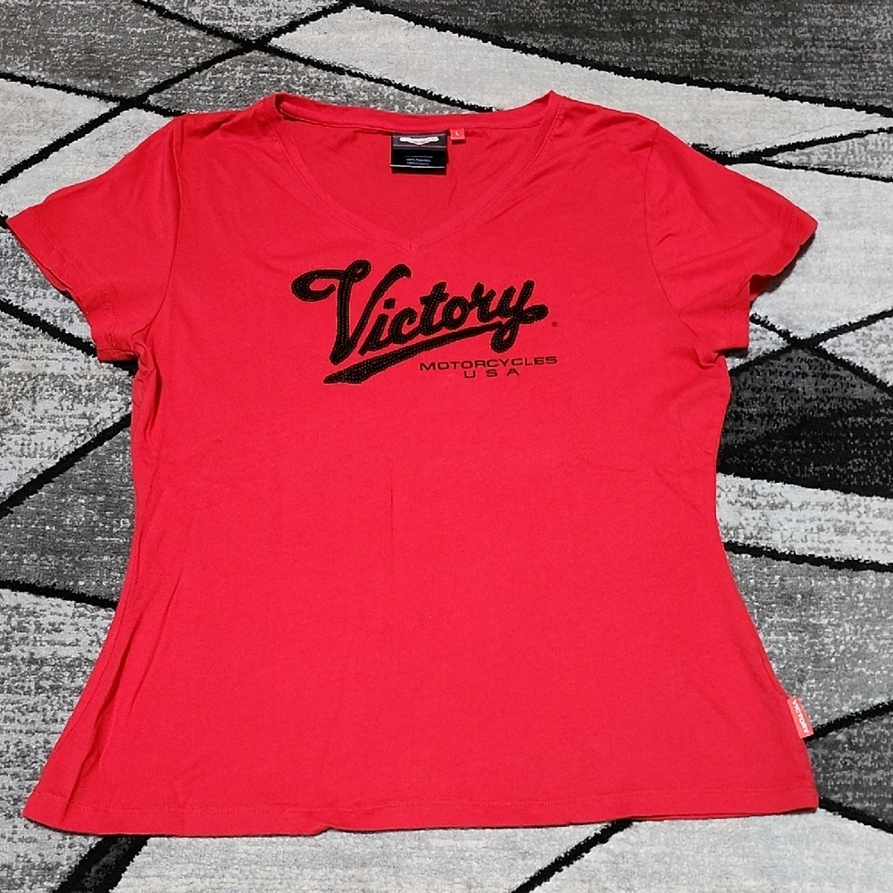 VICTORY MOTORCYCLE SEQUINS V-NECK RED TEE-SHIRT